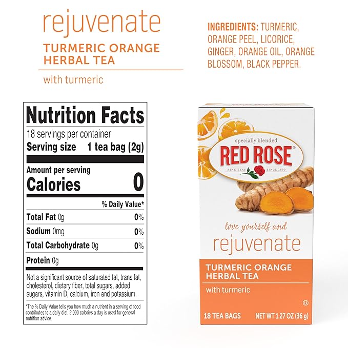 Red Rose Blossoms Turmeric Orange Blossom Herbal Tea with 18 Individually Wrapped Tea Bags Per Box (Pack of 6) Caffeine Free Brew Hot Naturally Flavored Herbal Tea