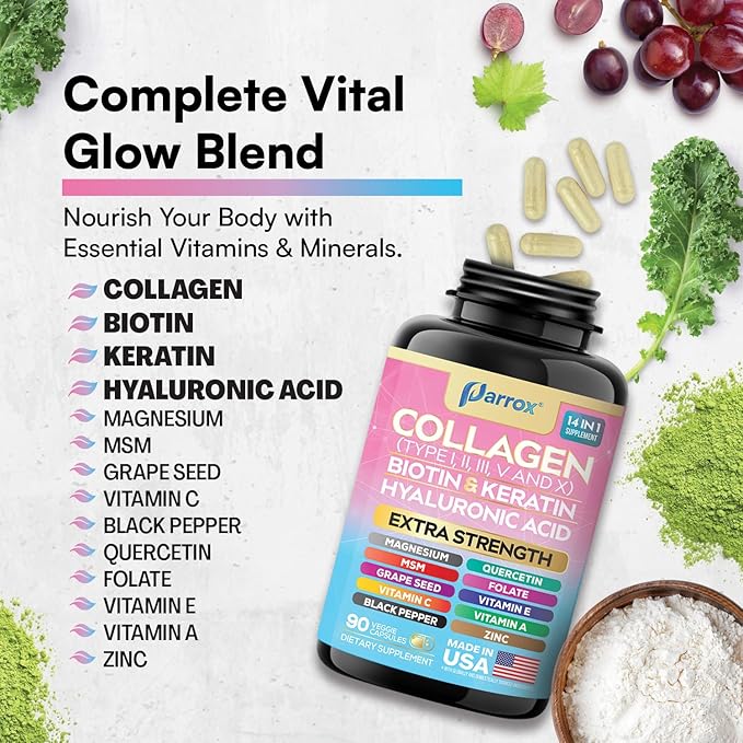 Collagen Peptides Types I II III V &amp X MCG Biotin Keratin Hyaluronic Acid MSM Zinc Grape Seed Extract Quercetin Vitamin A Vitamin C Vitamin E Magnesium Folic Acid (90 Capsules)