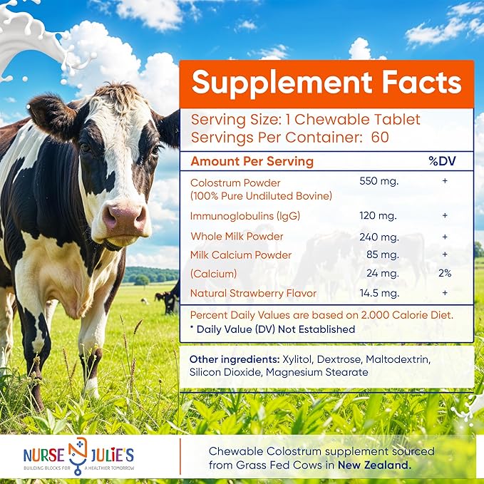 Nurse Julie's Chewable Colostrum Tablets for Kids - 100% Grassfed New Zealand Colostrum - Immune Support Gut Health in Children - 60 Tablets - 2 Month Supply
