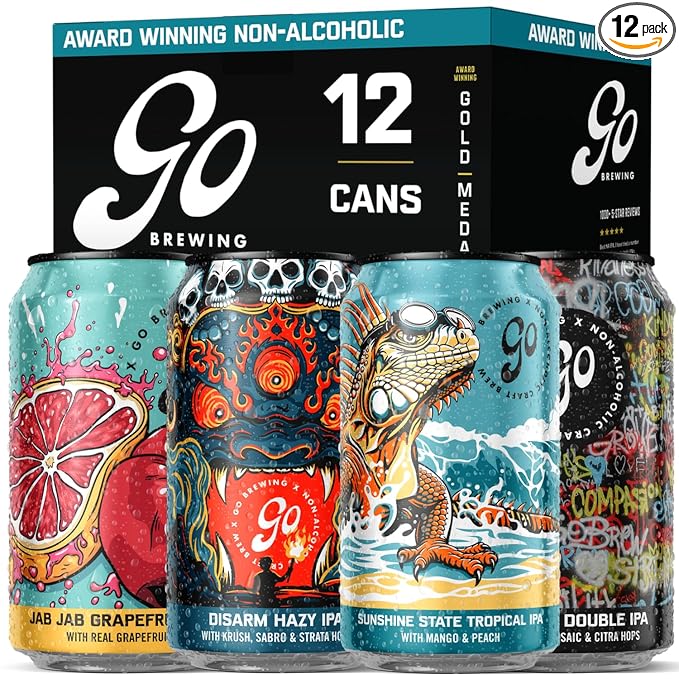 Go Brewing - IPA 12 Mixed Pack - Non Alcoholic Beer - Small Batch Brew - Low Calorie Drink - Featuring Double IPA Disarm Hazy Grapefruit &amp Tropical IPA - Low-Calorie NA Brew (12 oz 12 Pack)