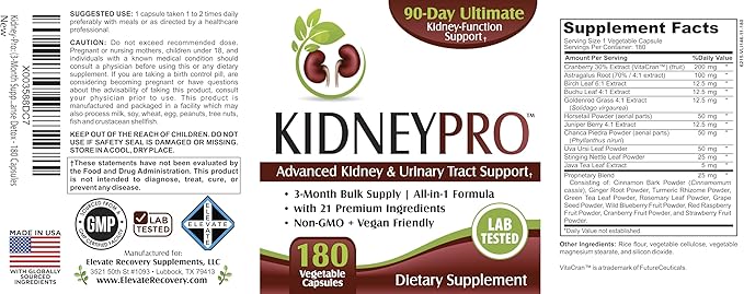Kidney-Pro (3-Month) with 21 Kidney Support Supplements in 1 Formula | Men &amp Women | Health Supplement Complex | 90-Day Bulk Supply | 180 Capsules