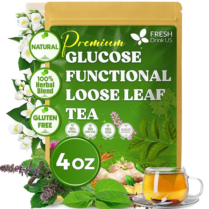 FreshDrinkUS Glucose Functional Loose Leaf Tea | 4oz | Herbal Blend of Gymnema Milk Thistle Dandelion Root Cinnamon &amp Ashwagandha – Naturally Caffeine-Free Premium Quality Balanced Flavor. V