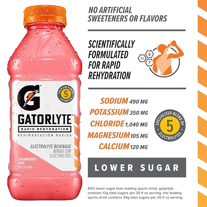 Gatorlyte Rapid Rehydration Electrolyte Drink Strawberry Kiwi Specialized Blend of 5 Electrolytes Lower Sugar No Artificial Sweeteners or Flavors 20 fl oz Bottles (12 Pack)