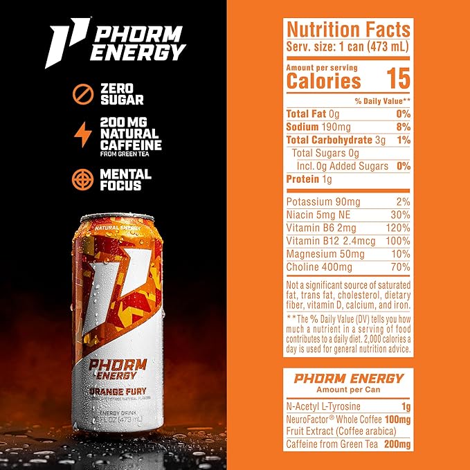 Phorm Energy Drink Orange Fury Flavor 200 MG Natural Caffeine From Green Tea Sugar Free Carbonated Drink With Electrolytes &amp Vitamin B12 Dairy &amp Gluten Free Vegan 16 FL Oz Cans 12 Pack