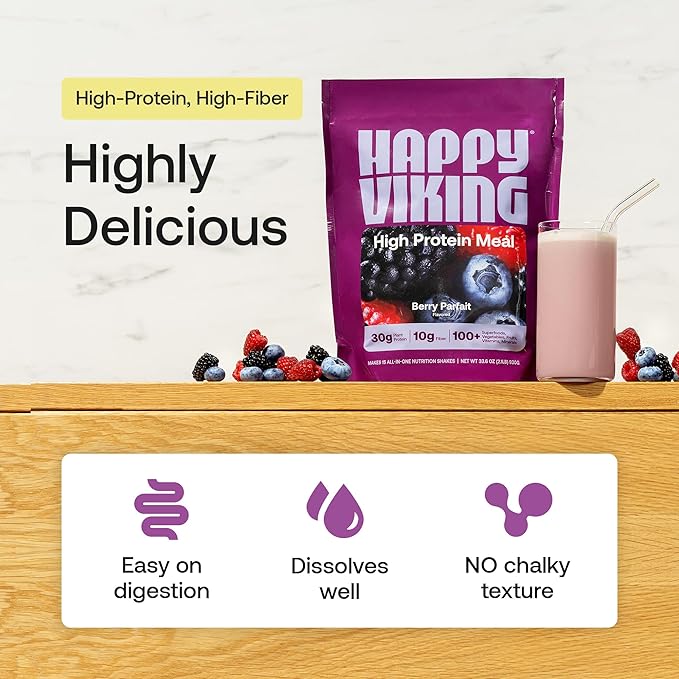Happy Viking Plant-Based Protein Powder +100 Superfoods Berry Parfait Meal Replacement Shake Created by Venus Williams 30g Plant Protein 10g Fiber Vegan Gluten-Free Non-GMO 15 Meals