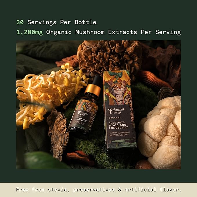 Fantastic Fungi Mushroom Extract - 8-in-1 Organic Complex Mushroom Supplement with Cordyceps Reishi Lion’s Mane Chaga Turkey Tail Shiitake Maitake &amp Tremella - Adaptogen Liquid Tincture 1 f