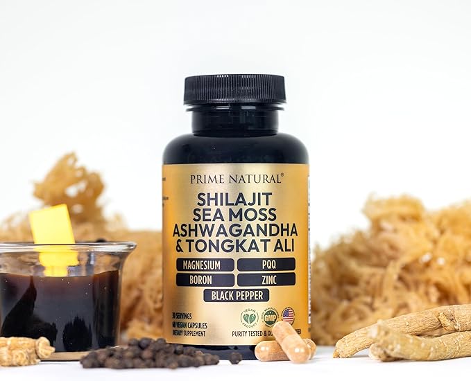 Shilajit 1000mg Irish Sea Moss 100mg Ashwagandha 100mg Tongkat Ali Boron Magnesium PQQ &amp More | 60 Capsules - 30 Days Supply| Fulvic Acid Veg Capsules| Vegan| Gluten Free | Non-GMO