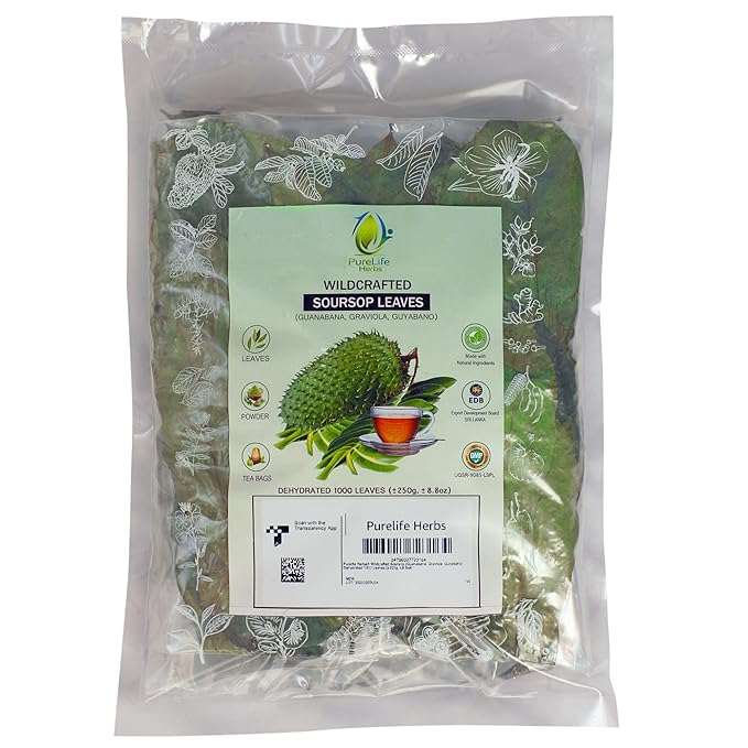 Purelife Herbs® Wildcrafted Soursop (Guanabana Graviola Guyabano) Dehydrated 1000 Leaves (±250g ±8.8oz)