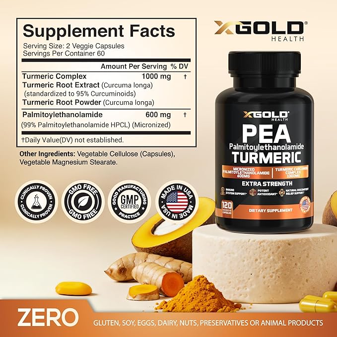 Pea Palmitoylethanolamide + Turmeric Curcumin Complex – 1600mg Micronized 99% &amp 95% Curcuminoids – High Potency Joint Support Mobility &amp Comfort – Made in USA