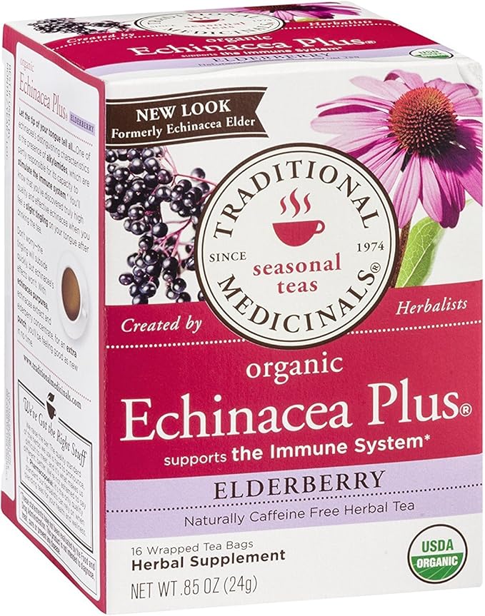 Traditional Medicinals Organic Echinacea Plus Elderberry Herbal Tea Promotes Immune Function (Pack of 3) - 48 Tea Bags Total
