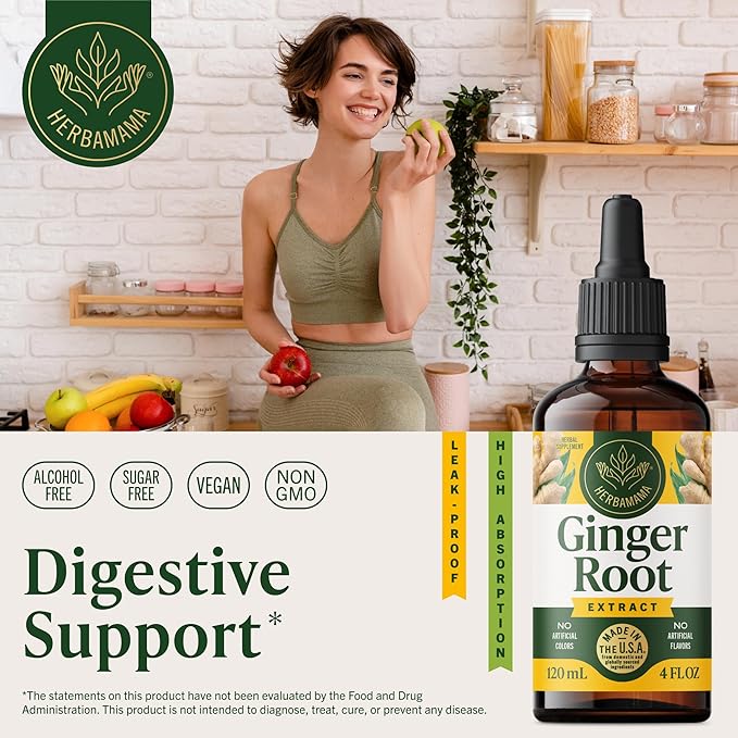 HERBAMAMA Ginger Drops - Vegan Digestive Support &amp Overall Well-Being with Ginger Root Extract Tincture - Non-GMO Alcohol &amp Sugar-Free Liquid Antioxidant Supplement 56-Day Supply