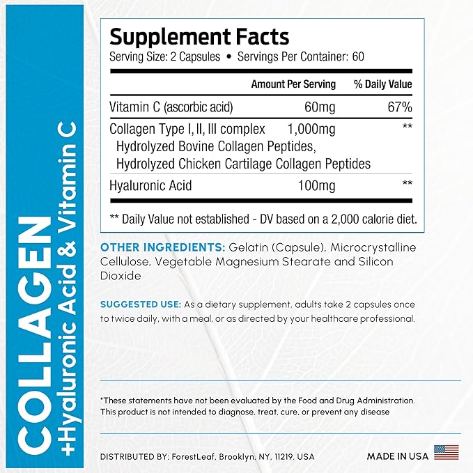 ForestLeaf Multi Collagen Pills with Hyaluronic Acid + Vitamin C | Hydrolyzed Collagen Supplements for Women or Men | Multi Collagen Capsules Peptides for Skin Wrinkles 120 Caps