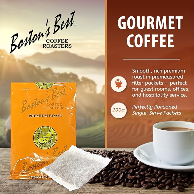 Boston’s Best - In-Room Premium Roast Regular Ground Coffee Filter Portion Packets Brewed Drinks Pack of 200 (.664 oz. per packet) Use with 4-Cup Drip Coffee Machine