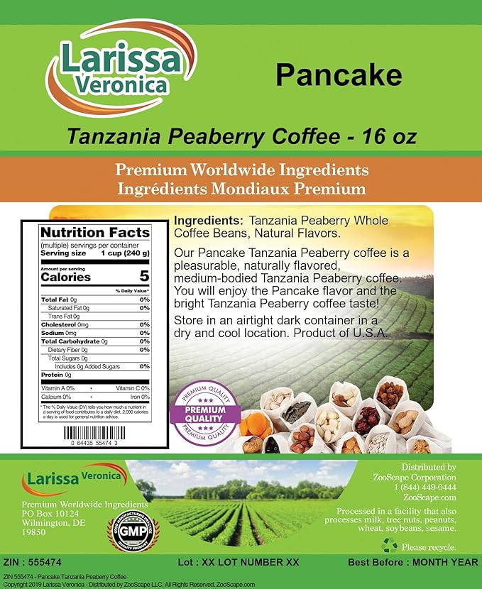 Pancake Tanzania Peaberry Coffee (Gourmet Naturally Flavored Whole Coffee Beans) (16 oz ZIN: 555474) - 2 Pack