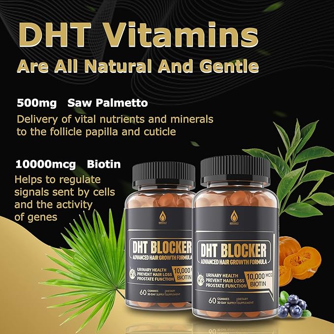 DHT Blocker Gummies Hair Growth Supplement Super Potency Saw Palmetto &amp Biotin 10000 mcg for Women &amp Men Plus 12 Proprietary Blend - Prevent Hair Loss Blocking DHT Receptors 2Pc/120ct