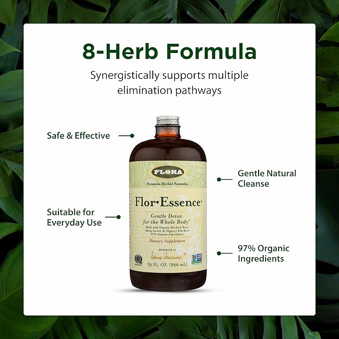 Flora Flor Essence Liquid Tea Blend 32oz LARGE - Gentle Detox Cleanse with Burdock Root Slippery Elm Kelp Thistle - Premium Organic Ingredients