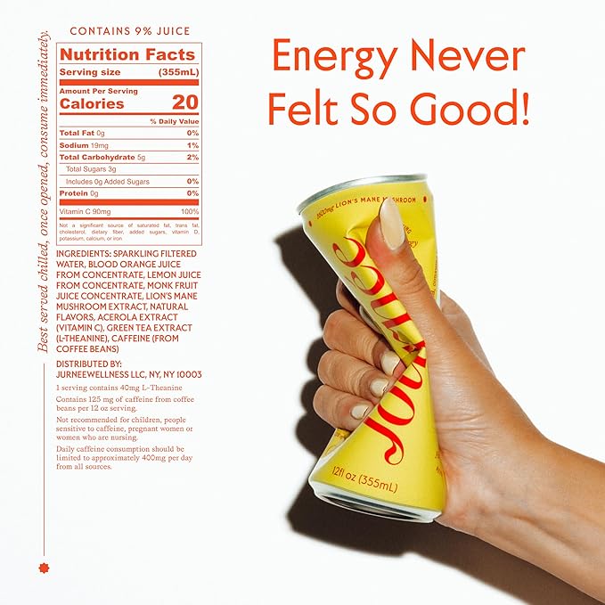 Journée Wellness Energy Drink Natural Caffeine Lion’s Mane L-Theanine 125 mg Caffeine Real Fruit All Natural 0 Added Sugar Cognition Immunity - Soleil Citrus - Tropical Citrus – 12 Pack