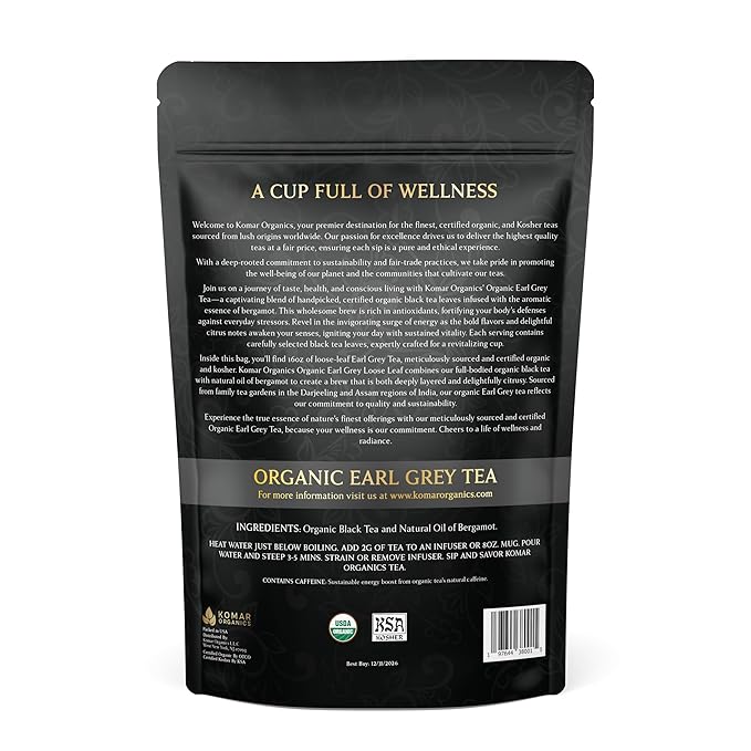Komar Organics Earl Grey Tea Loose Leaf - 16 Oz USDA Organic Certified Kosher 1 LB Black Tea Infused With Natural Oil and Bergamot
