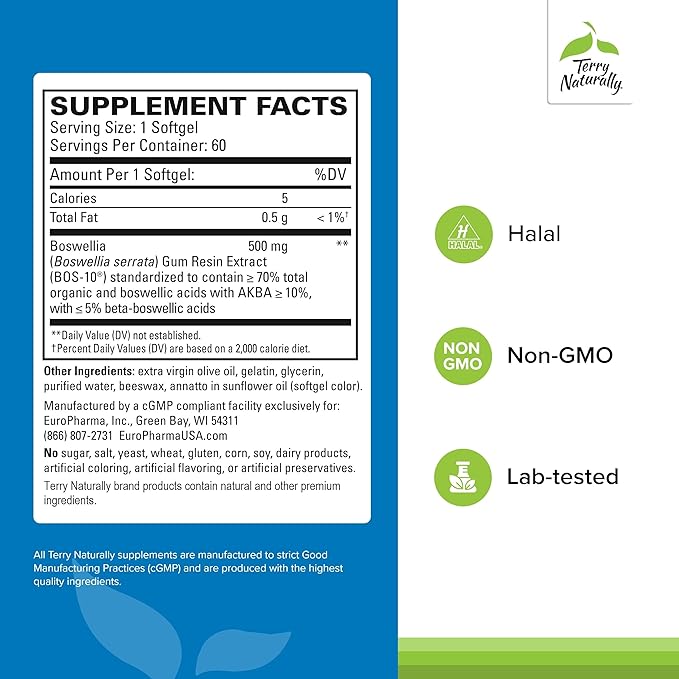 Terry Naturally BosMed 500-60 Softgels - Extra Strength 500 mg Boswellia Supplement - Non-GMO Gluten Free - 60 Servings