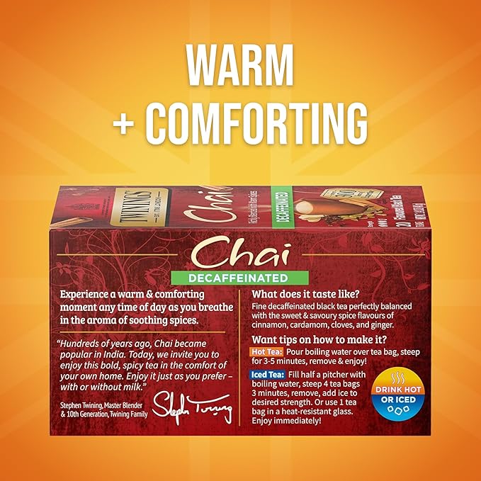 Twinings Decaffeinated Chai Individually Wrapped Bags 20 Count (Pack of 6) Sweet Savoury Spices Enjoy Hot or Iced 120 Teabags