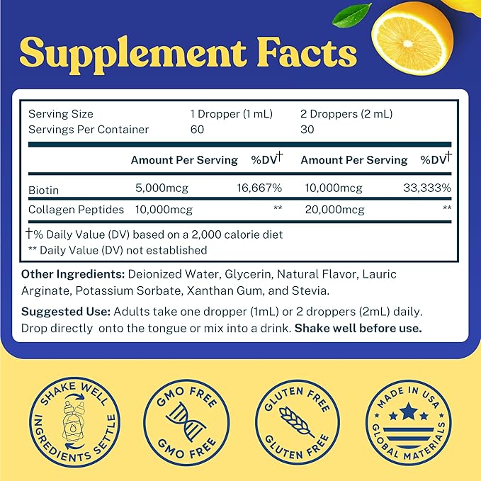 Concentrated Liquid Collagen Peptides Supplement - 30000mcg Hydrolyzed Liquid Collagen for Women plus Biotin Hair Skin Nail Support - Sublingual Direct Drops or in Drinks - Natural Lemon Drink 2 oz