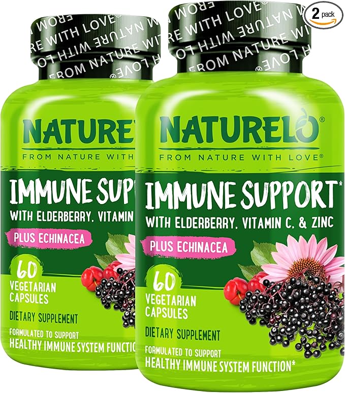 NATURELO Immune Support – Vitamin C Elderberry Zinc Echinacea – Natural Immunity Boost w/Antioxidant Herbal &amp Mineral Defense - 60 Vegan Capsules (Pack of 2)