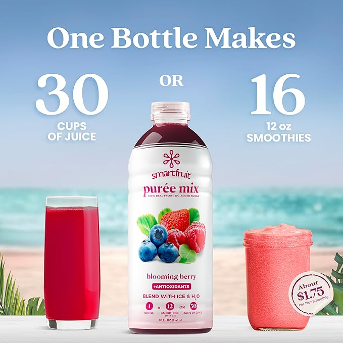 Smartfruit Blooming Berry + Antioxidants – 100% Real Fruit Purée with Strawberries Blueberries Raspberries – Great for Smoothies Juice Yogurt Cocktails Teas &amp More – High in Vitamin A &amp