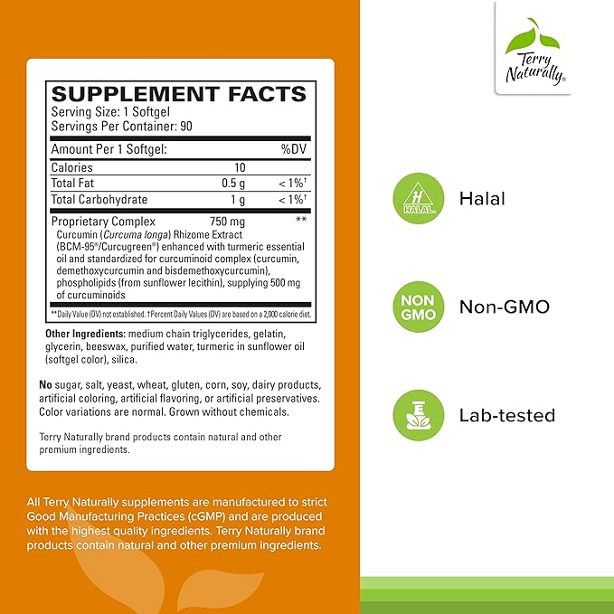 Terry Naturally CuraMed 750mg - Antioxidant Supplement for Brain &amp Heart Health Support - Dietary Supplement with High-Potency Curcumin Complex - Kidney Liver &amp Immune Health Support - 90 Sof