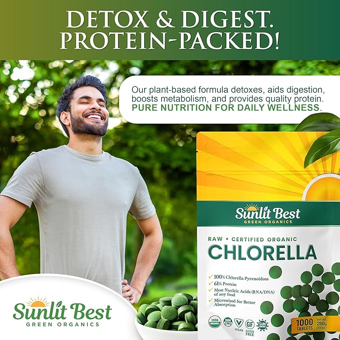 Sunlit Best USDA Organic Premium Chlorella Tablets 1000 Count | 100% Pure Chlorella Superfood Supplement High in Protein Chlorophyll Vitamins &amp Minerals | Supports Good Health Wellbeing