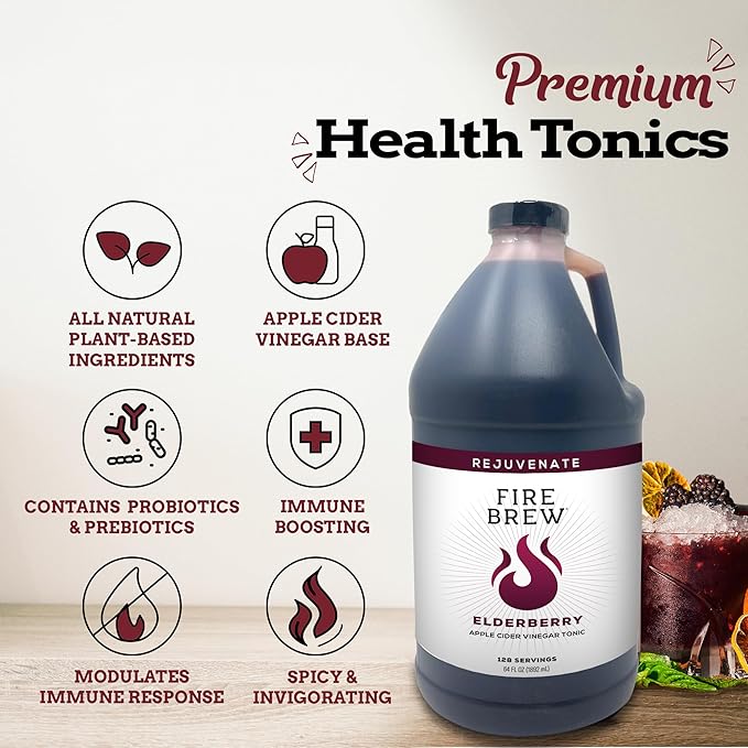 Fire Brew Restore – Elderberry Apple Cider Vinegar Wellness Tonic | 128 Concentrated Shots of Healthiest Organic Ingredients Rich in Antioxidants &amp Vitamins to Strengthen Immune System – Half Gall