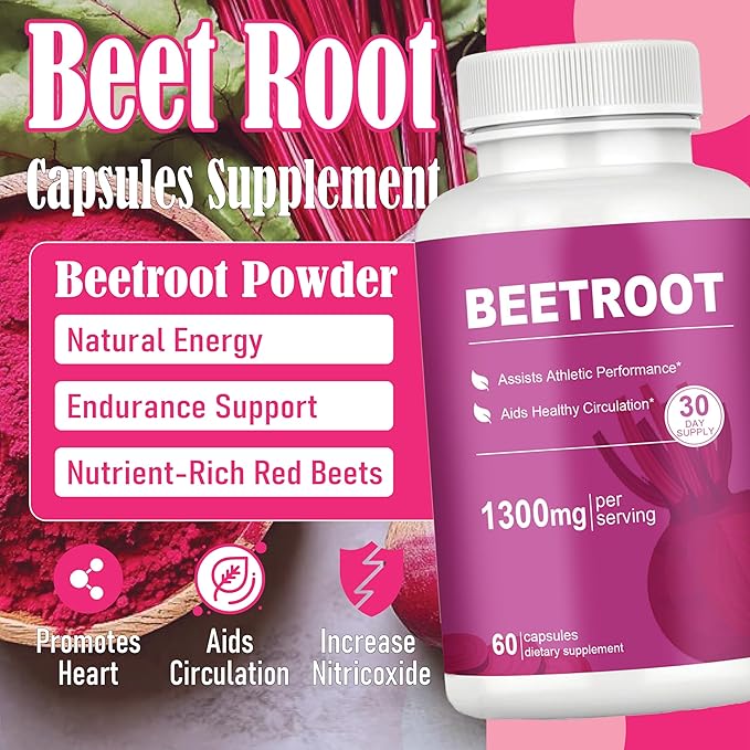 Beet Root Capsules – 1300mg Beetroot Powder for Natural Energy &amp Endurance Support Non-GMO 60 Capsules 30-Day Supply (2pcs)