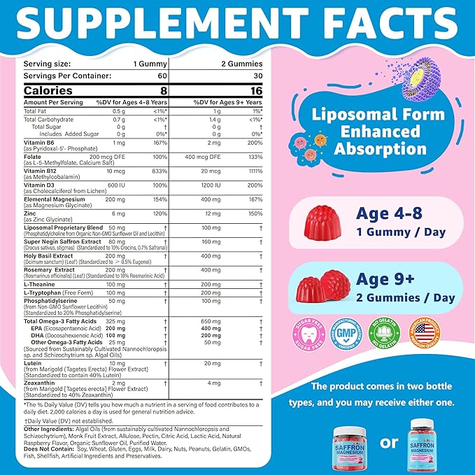 Saffron + Magnesium Glycinate+ Omega-3 - Calm Focus Gummies for Kids 4+ Saffron Extract Supplement with L-Theanine Holy Basil Rosemary B6 B9 B12 D3 for Happy Mood Cognition ZZz Sugar Free