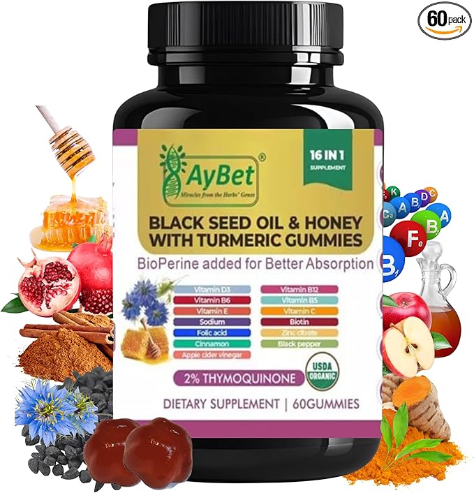 Black Seed Oil &amp Honey Gummies with Turmeric – 16-in-1 Supplement with Vitamins D3 B12 Biotin &amp Zinc –USDA Organic Halal Vegan Non-GMO 2% Thymoquinone 60 Gummies