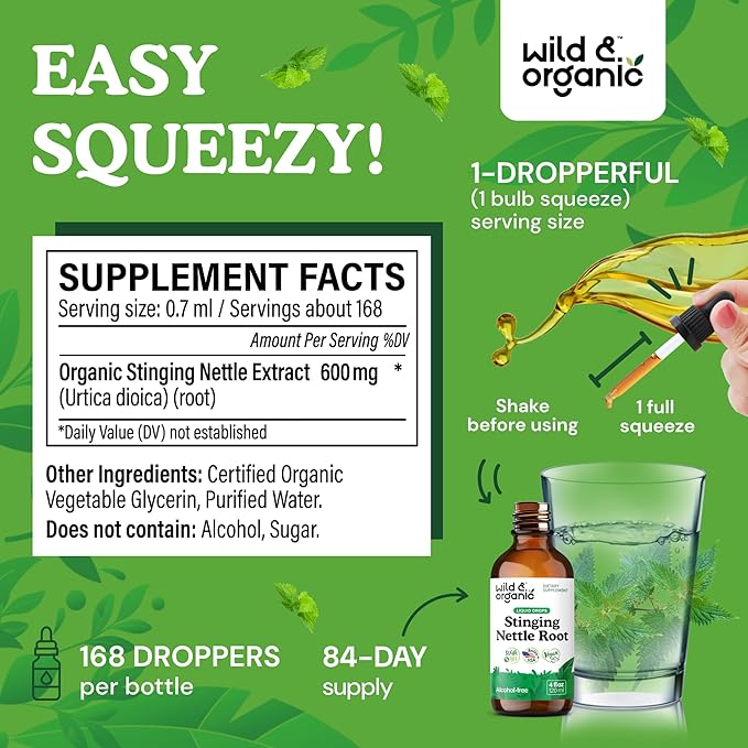 Wild &amp Organic Stinging Nettle Tincture - Stinging Nettle Root Extract Drops for Men &amp Women - Liquid Urtica Dioica Supplement - Vegan Sugar &amp Alcohol-Free - 4 fl oz