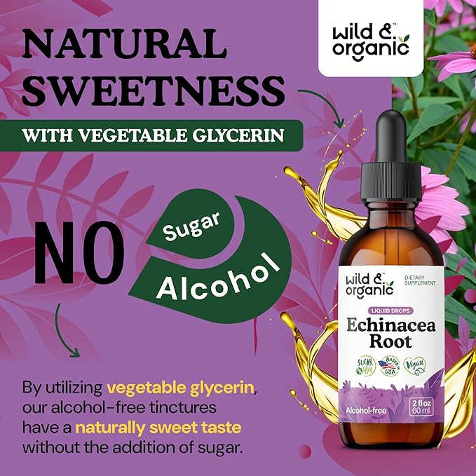 Wild &amp Organic Echinacea Tincture - Immune Support Drops with Liquid Echinacea Root Extract - Angustifolia Supplements - Vegan Sugar &amp Alcohol-Free - 2 fl oz