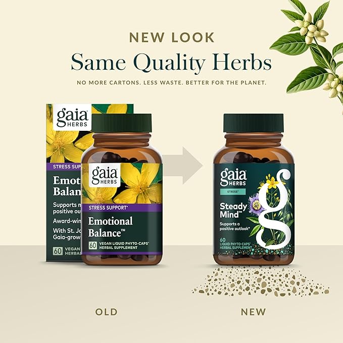 Gaia Herbs Steady Mind - Supplement Support with Herbs Traditionally Used for Stress Relief* - with St. John's Wort Passionflower Vervain &amp Oats - 60 Vegan Liquid Phyto-Capsules (60 Servings)