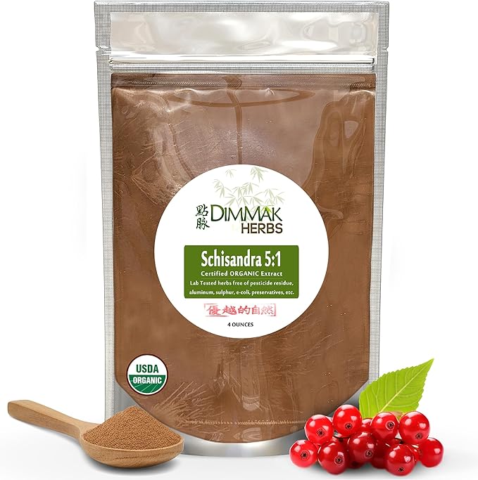 Dimmak Herbs Organic Schisandra Berry Extract 5:1 (Wu Wei Zi)- The Five Flavor Adaptogen for Liver Detox Glowing Skin &amp Mental Focus- Stress Relief Tonic (4oz)