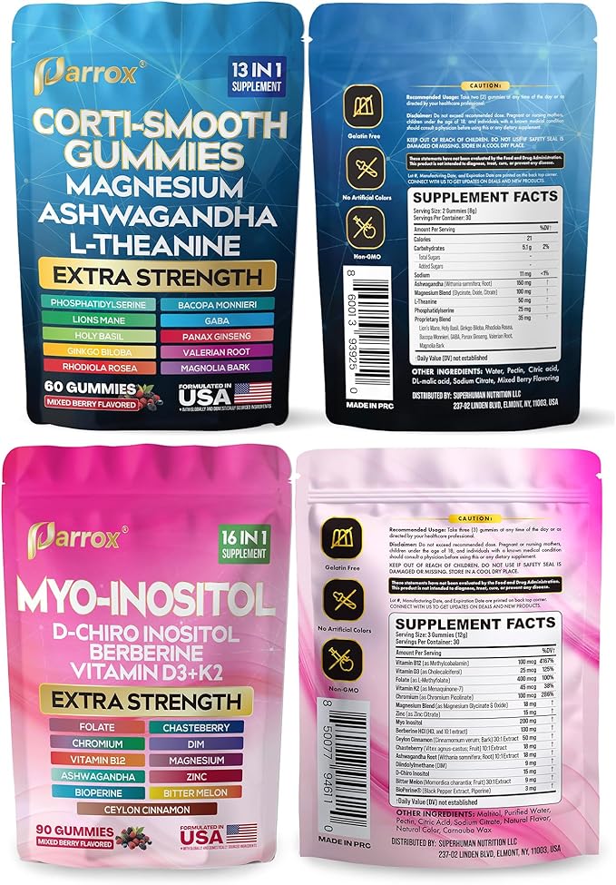 Soothe &amp Smooth Bundle Gummies - Cortisol &amp Myo-Inositol Supplement with D-Chiro Inositol Berberine Magenesium Ashwagandha L-Theanine Vitamins D3+K2 &amp B12 Folate Zinc Lion's Mane (1