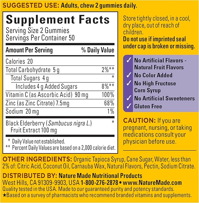 Nature Made Elderberry Gummies with Vitamin C and Zinc Dietary Supplement for Immune Support 100 Elderberry Gummies 50-Day Supply