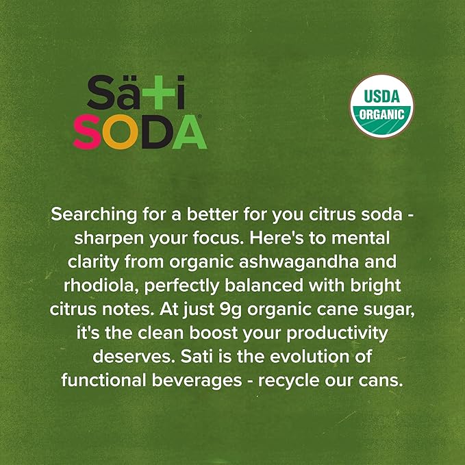 Sati Soda Lemon-Lime – Functional Soda with Ashwagandha &amp Rhodiola – Low Sugar (9g) Low Calorie Organic Adaptogen Drink – Healthy Soda Alternative – 12 Pack