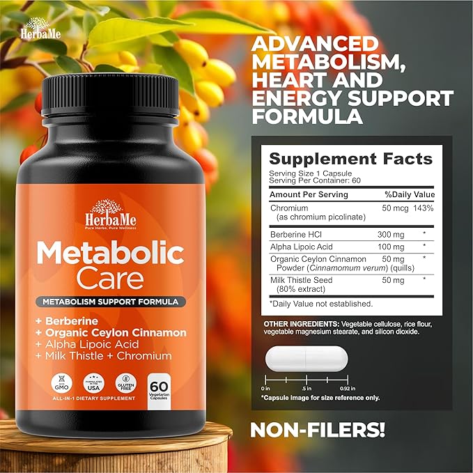 Berberine Supplement with Ceylon Cinnamon Chromium Alpha Lipoic Acid Metabolic Care Supports Metabolism &amp Cardiovascular Health and Immune System Helps Maintain Steady Energy Levels