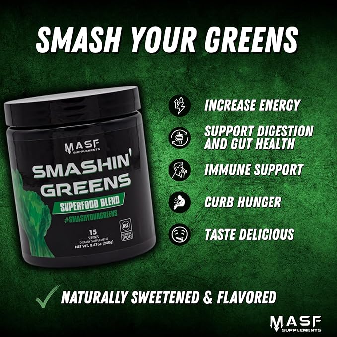 MASF Supplements Smashin' Greens Superfood Organic Blend - 15 Servings - Boost Energy Immune Support Digestive Health with Organic Wheat Grass Spirulina Chlorella - NSF Certified