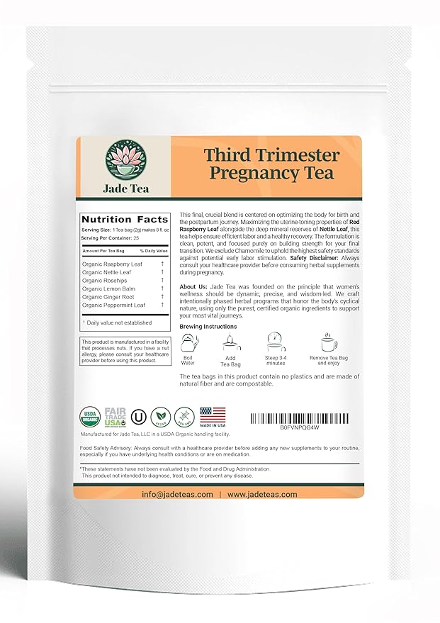 Jade Tea - Organic Third Trimester Tea | Pregnancy Tea - Toning &amp Birth Preparation | Maximized Uterine Health for Labor &amp Postpartum Recovery | Caffeine-Free Fair Trade Sustainable Made In