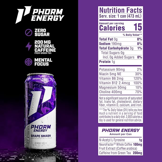 Phorm Energy Drink Grape Smash Flavor 200 MG Natural Caffeine From Green Tea Sugar Free Carbonated Drink With Electrolytes &amp Vitamin B12 Dairy &amp Gluten Free Vegan 16 FL Oz Cans 12 Pack