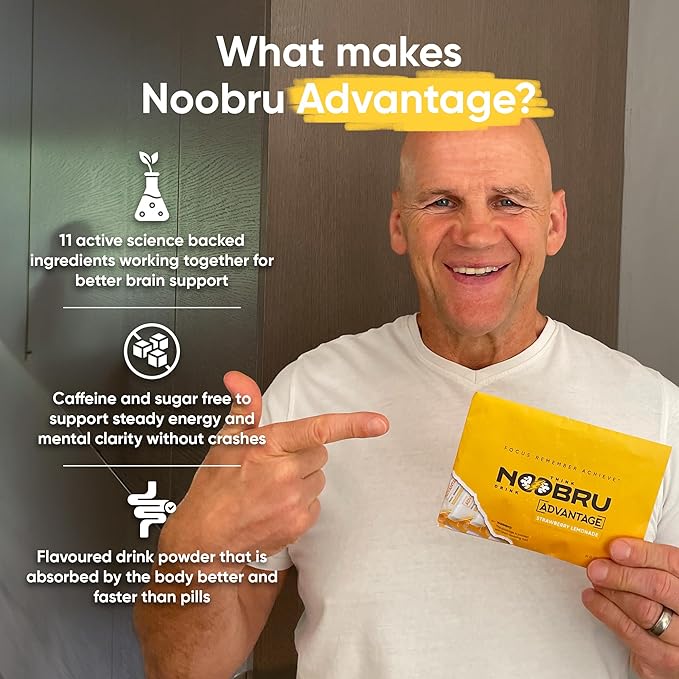 Noobru Аdvantage Nootropic - Delicious Nootropics Brain Supplement with 11 Active Ingredients - Natural Cognitive Enhancer - 20 Strawberry Lemonade Sachets - 1 Month Supply 20 Count (Pack of 1)