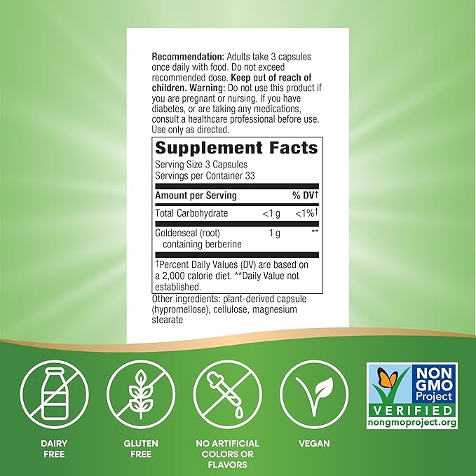 Nature's Way Goldenseal Root Traditional Digestive Support* Contains Berberine Non-GMO Project Verified Vegan 100 Capsules (Packaging May Vary)