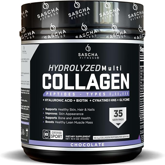 SASCHA FITNESS Hydrolyzed Multi Collagen Peptides Tipes 12 &amp 3 |Hyaluronic Acid|Biotin Cynatine HSN|Vitamin C &amp E |for Hairs Skin &amp Bone Support|Chocolate Flavor