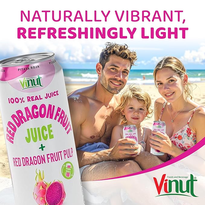 VINUT 100% Red Dragon Fruit Juice with Pulp (Pitaya) No Added Sugar Not From Concentrate 16.57 fl oz (490 mL) Can Pack of 6