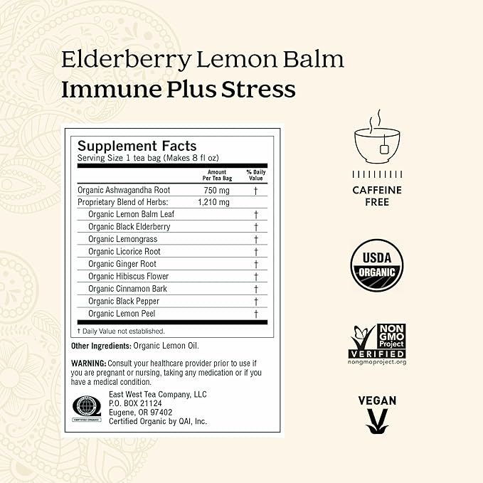 Yogi Tea Elderberry Lemon Balm Immune &amp Stress Tea - 16 Tea Bags per Pack (6 Packs) - Organic Immune Support Tea - Includes Ashwagandha Root Lemon Balm Leaf Lemongrass Licorice Root &amp More.