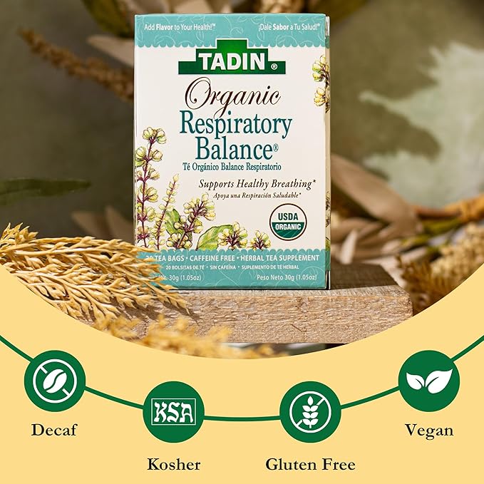 Tadin Organic Respiratory Tea Caffeine Free Herbal Tea for Respiratory Support 20 Tea Bags Per Box Pack of 6